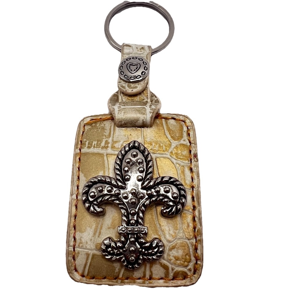 Vintage BRIGHTON Keychain White Leather Purse Key Ring Fob Silvertone NICE!